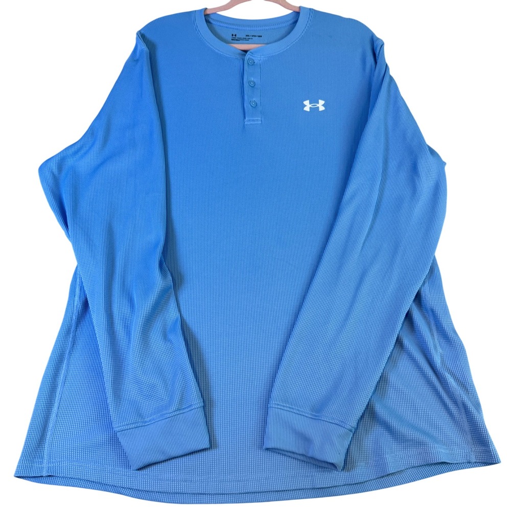 Under Armour Mens 2XL Waffle Knit Henley Shirt Long Sleeve Blue Loose Fit Active